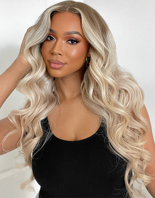 14" 26" 30" Ombre Ash Blonde Highlight Wavy Wig With Dark Roots Flash Deal