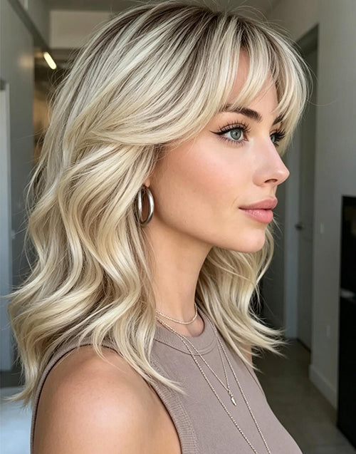 Vitha- Buttery Platinum Layers With Soft Curtain Bangs Wavy Bob True-Hold Glueless 5.5x5.5 Lace Wig