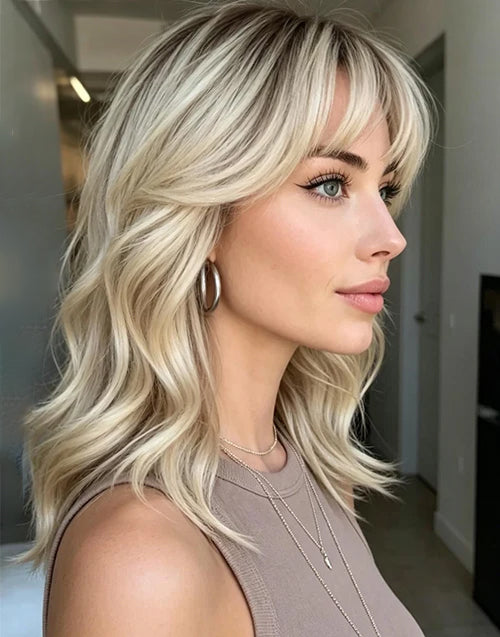 Vitha- Buttery Platinum Blonde Layers With Soft Curtain Bangs Wavy Bob True-Hold Glueless 5.5x5.5 Lace Wig Human Hair