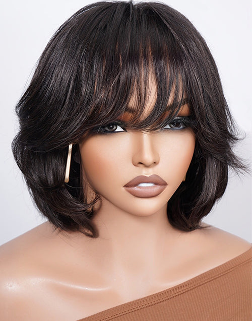 Yaimy- Minimalist Lace Layered Wolf Cut Short Wavy Bob Wig With Bangs Human Hair Glueless Wig