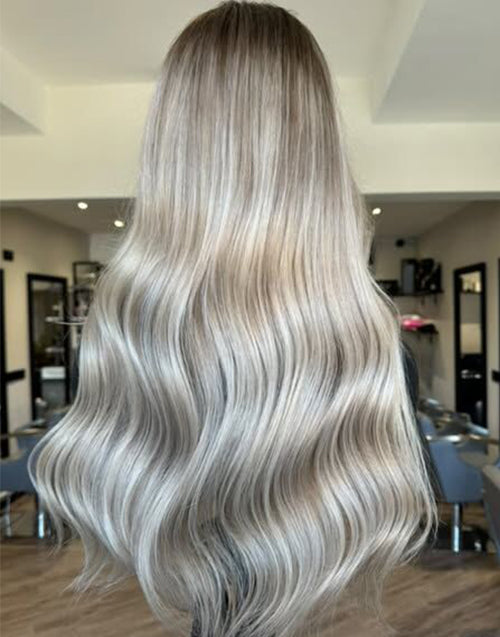24" Dark Ash Blonde With Blonde Highlights Wavy 5x5 Lace Wig With Curtain Bangs Flash Deal