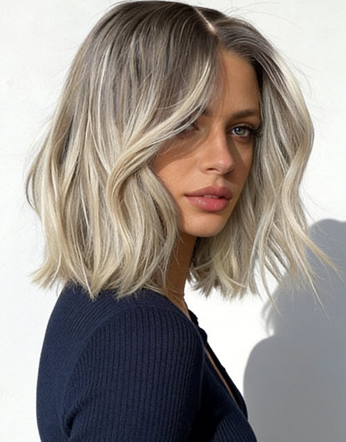 Mela-Ombre Ash Blonde Short 13x6 Lace Front Bob Wig With Ash Root Glueless Human Hair Wig