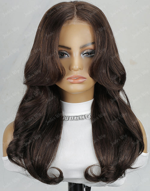 Chesnut Brown Wavy Layer Cut Glueless Wig With Curtain Bangs Pre Cut 9x6 Lace Human Hair