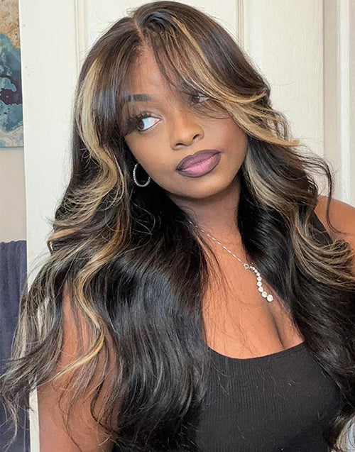 Curtain Bangs Mixed Honey With Black Loose Wavy 13x5 Pre Cut Lace Glueless Wig