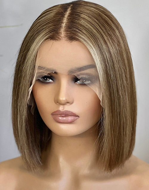 Latia- Ombre Blonde Straight Bob Wig Light Brown Highlights Human Hair True-Hold Glueless Wigs