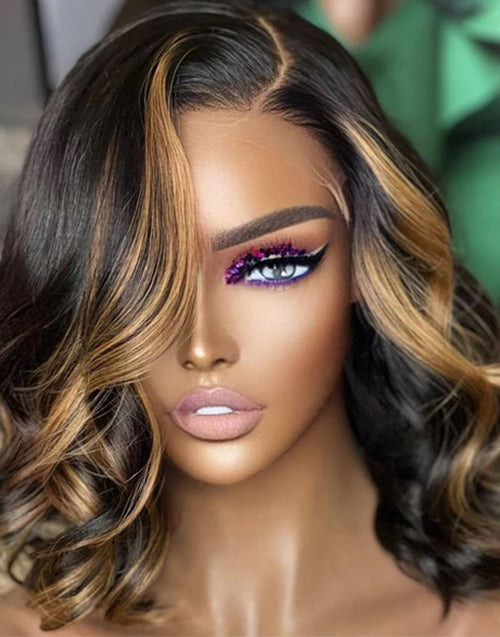 16" Highlight Honey Side Part Wavy Bob Wig Glueless Wig 13x5 Pre Cut Lace