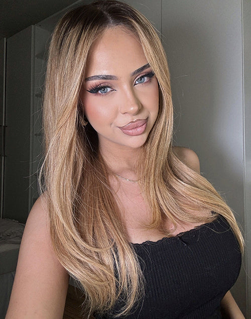 Soya- Influencer Same Ombre Honey Blonde With Dark Brown Color Layered Wavy Pull Go Wig 7x5 Glueless Wig