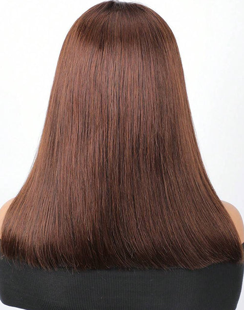 Brown Color Layered Bob Short Straight 5x5 Lace Wigs With Bangs Glueless Wig