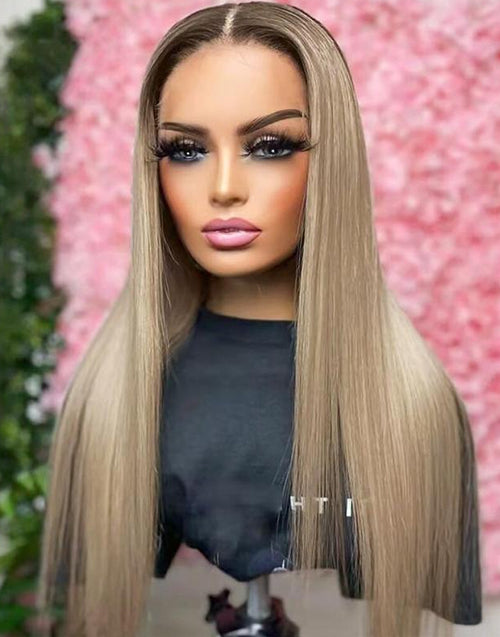Tia- Sliver Grey Ash Blonde Color Straight 13x6 Pre Cut Lace Front Glueless Wig