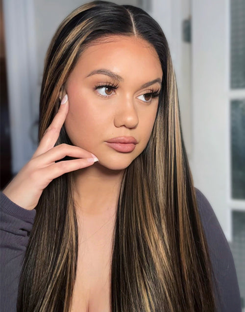 Winey- Piano Honey With Black Highlight Color Straight 13x5 Glueless Pre Cut Lace Wigs For Women