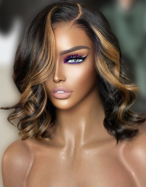 Tawnie- Highlight Honey Wavy Bob Wig Side Part Pre Cut Lace Human Hair Glueless Wig