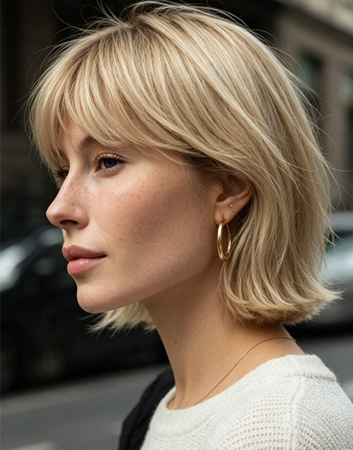 Ticey- Minimalist Lace Ombre Honey Highlight Wavy Bob Wig With Curtain Bangs For Women