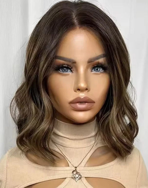 Vivien- Ombre Brown Blonde Bouncy Wavy Bob 13x4 Lace Front Wig 100% Human Hair Glueless Wig