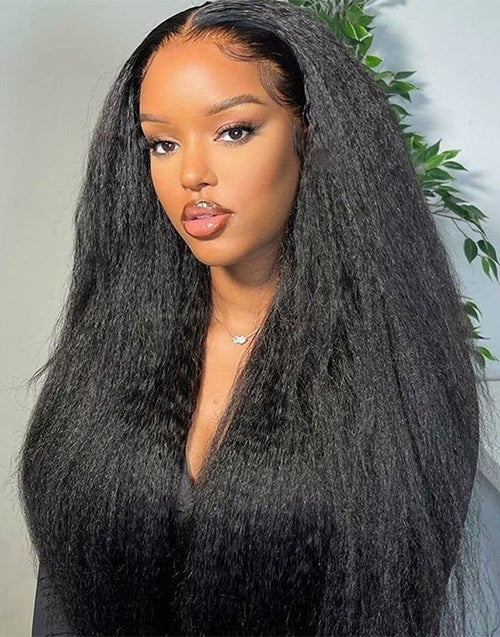 18"-24" Kinky Straight Thin V Part Wig Human Hair Flash Deal