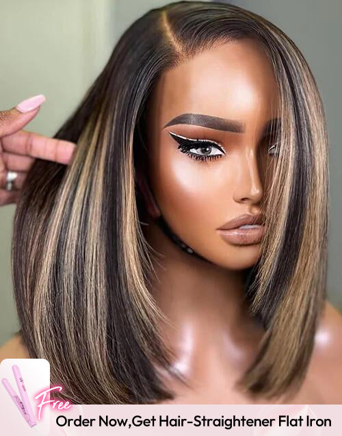 12" Highlights Honey Bob Straight Layer Cut 7x5 Pre Cut Lace Wig Flash Deal