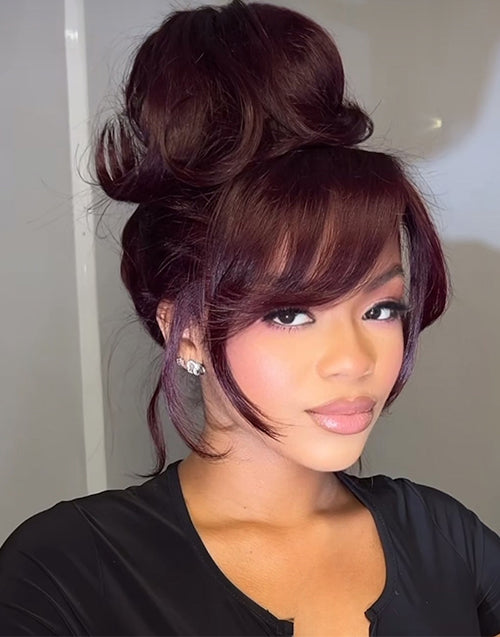 [Ready To Ship Only For US] Ethel- Burgundy Colored Curtain Bangs Layered Wavy 13x5 Pre Everything Glueless Wig