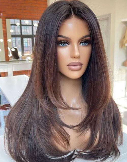 Ella- Ombre Brunette Brown Layered Cut Straight True-Hold Gluless Wig 5.5x5.5 Lace For Women
