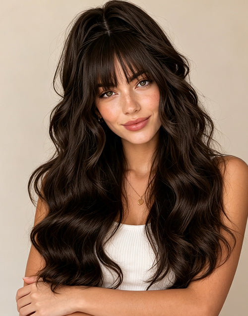 26" Dark Brown Body Wave Pre Cut 13x5 Lace Glueless Wig With Bangs Flash Deal
