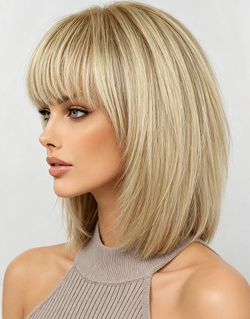 Abby- Ombre Golden Brown Layered Straight Bob Wig With Bangs Human Hair Wigs