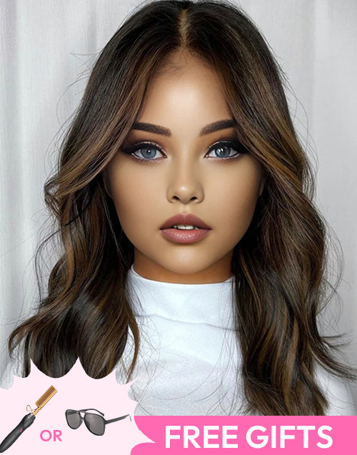 16" Highlight Chocolate Brown Wavy 13x4/5x5 Lace Glueless Wig Flash Deal