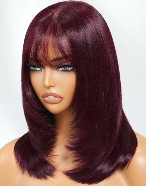 12" Burgundy Color Layer Cut Straight Bob 5x5 Lace Wigs With Bangs Flash Deal