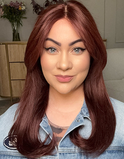 Hayes- Celebrity Same Reddish Brown Layered Straight Pull Go Wig With Curtain Bangs Pre Cut Lace With Drawstring