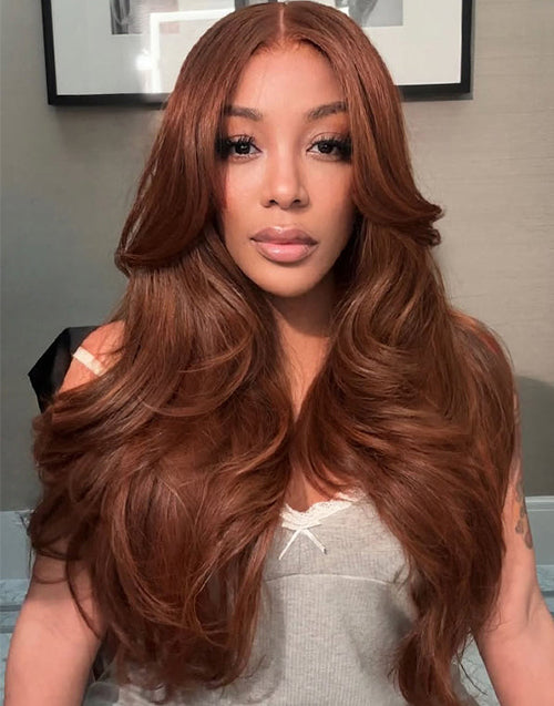Copper Brown Slight Layered Wavy Glueless Wig 13x5 Pre Cut Lace Human Hair Wig