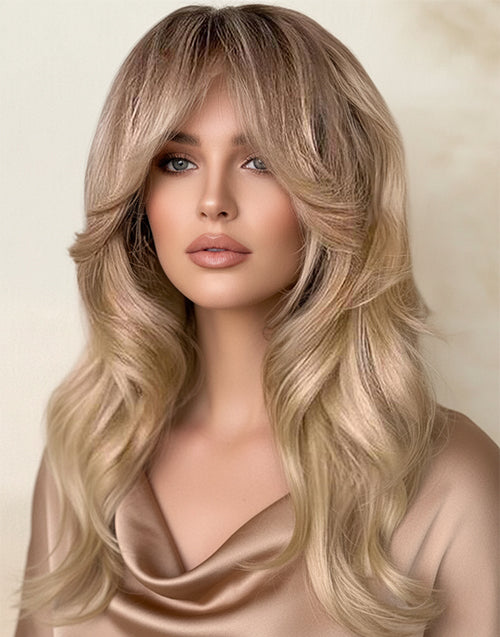 Tiffany- Curtain Bangs Ombre Blonde With Brown Root Wavy Lace Front Glueless Wig For Women