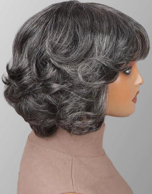 Arit- Medium Salt & Pepper Natural Wavy Bob Wig With Bangs For Women Glueless Wig Silver Gray Non Lace Wig