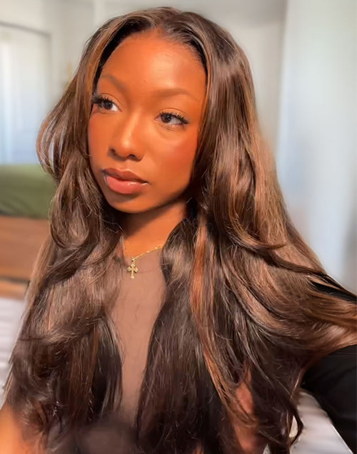 Astrid- Brown Highlight Curtain Bangs Layered Wavy 13x5 Pre Everything Glueless Wig Human Hair