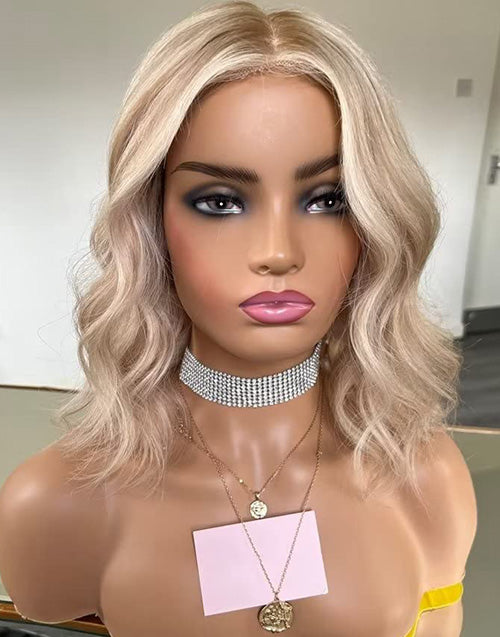 Jalu-Balayage Ash Blonde Short Wavy 5.5x5.5 Lace Bob Human Hair Wig Glueless Wig