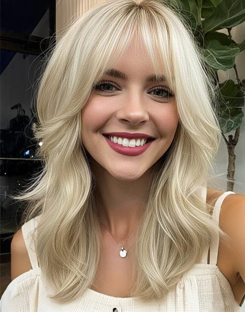Mayra- Wispy Bangs Highlight Ombre Blonde Light Root Wavy Glueless Wig