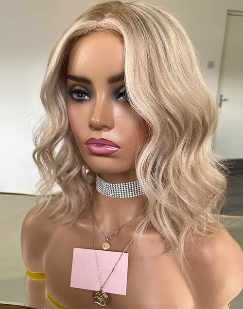 Jalu-Balayage Ash Blonde Short Wavy 5.5x5.5 Lace Bob Human Hair Wig Glueless Wig