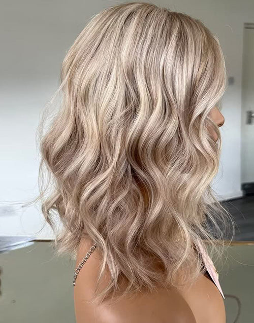 Jalu-Balayage Ash Blonde Short Wavy 5.5x5.5 Lace Bob Human Hair Wig Glueless Wig