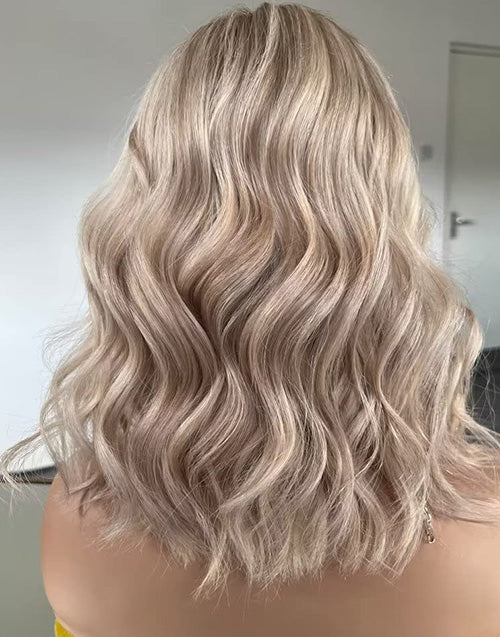 Jalu-Balayage Ash Blonde Short Wavy 5.5x5.5 Lace Bob Human Hair Wig Glueless Wig