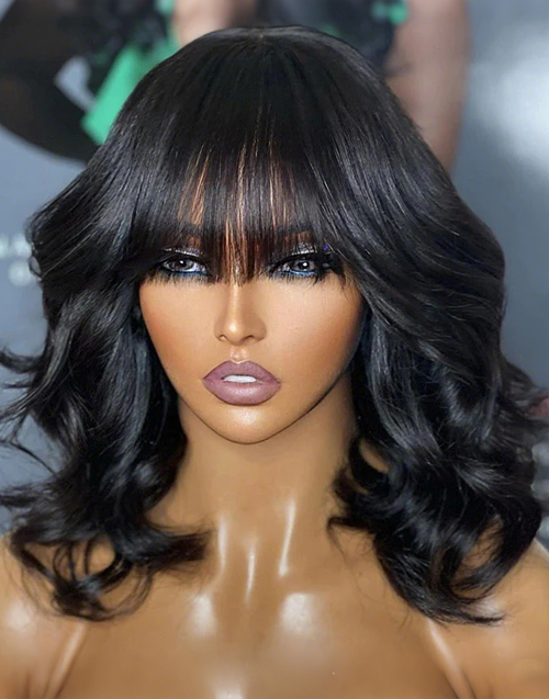 Hope-7X5 Glueless Wavy Bob Lace Wig With Bangs European Remy Human Hair Wig with Bang