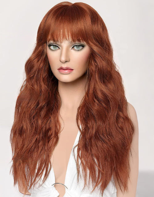 Tinay- Ginger Brown Luxury Water Falll Hair Wig With Bangs Remy Human Hair Wigs For Women