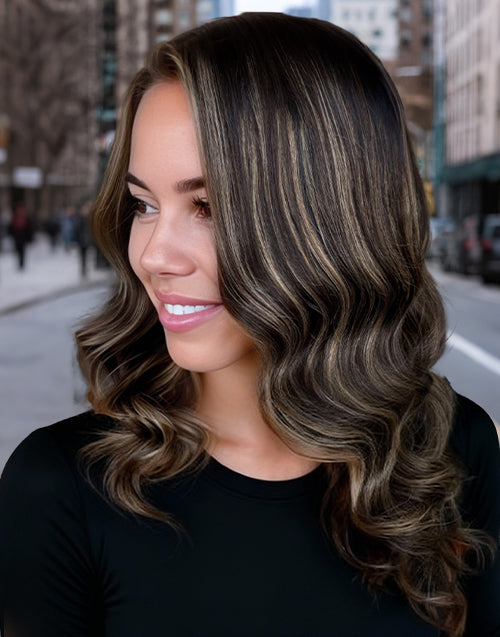 Brik-Wavy Hazelnut Brown With Blonde Highlights Lace Front Wigs Long Wig Side Part