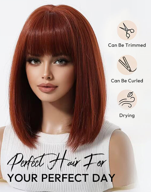 Katina- Minimalist Lace Red Copper Straight Bob Wig With Bangs For Women
