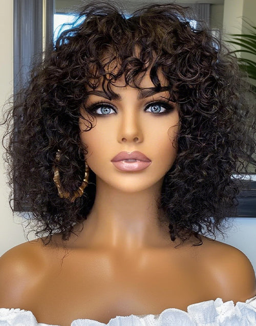 $59.99 10" Short Curly Bob Wigs With Bangs Human Hair Glueless Wig Flash Deal