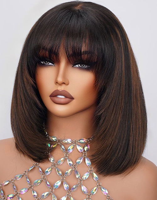 Pag- Glueless Pull Go Wig Brown Highlight Layered Haircut Silky Straight Bob With Bangs