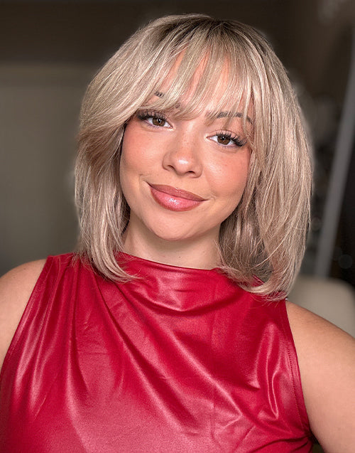 [Ready To Ship] Minimalist Lace Ombre Ash Blonde Bob Layered Straight Wig With Bangs