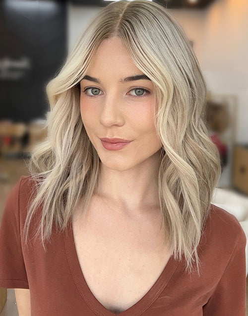 Kayra- Full & Bouncy Highlight Ombre Ash Blonde Wig With Dark Roots Short Wavy Bob Lace Front Wig