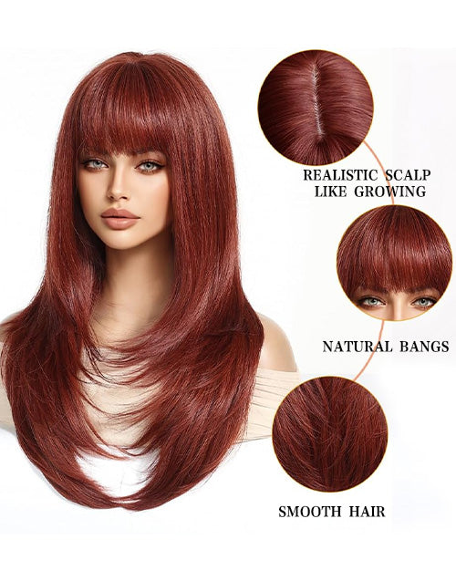 Sweet-7X5 Copper Brown Layered European Remy Human Hair Wigs With Bangs