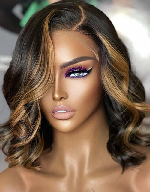 16" Highlight Honey Side Part Wavy Bob Wig Glueless Wig 13x5 Pre Cut Lace