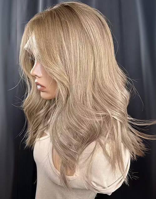 Semy-Medium Length Warm Blonde Highlight Wig With Dark Brown Roots Human Hair 13x6 Lace Front Wig