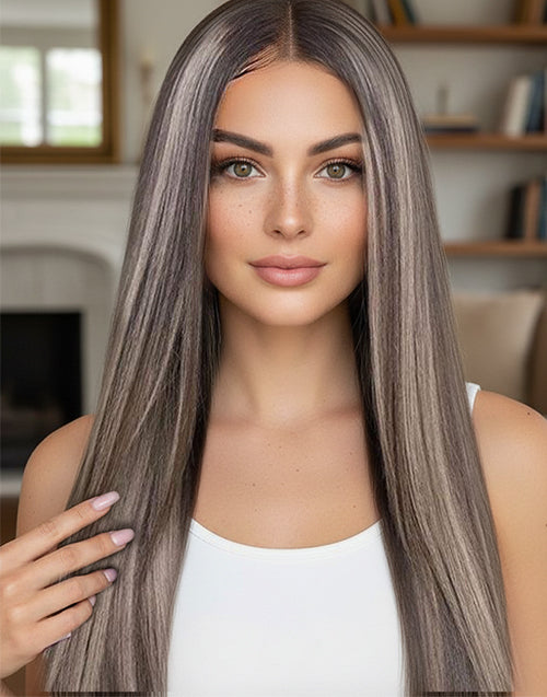 26" 28" Ombre Highlight Ash Blonde Mixed Color Straight Lace Wig Flash Deal