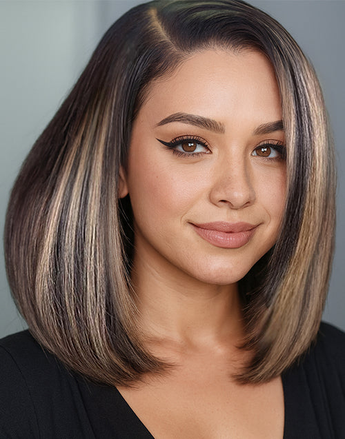 Valerie- Smart-Fit Pull Go Highlights Honey Short Asymmetric Bob Straight Layer Cut 13x5 Pre Cut Lace Wig Glueless Wig