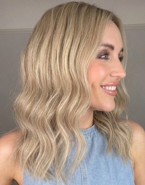 Sunny- Beach Blonde Highlight Wavy Bob Human Hair Wig with Shadow Root Mid-Length Bob