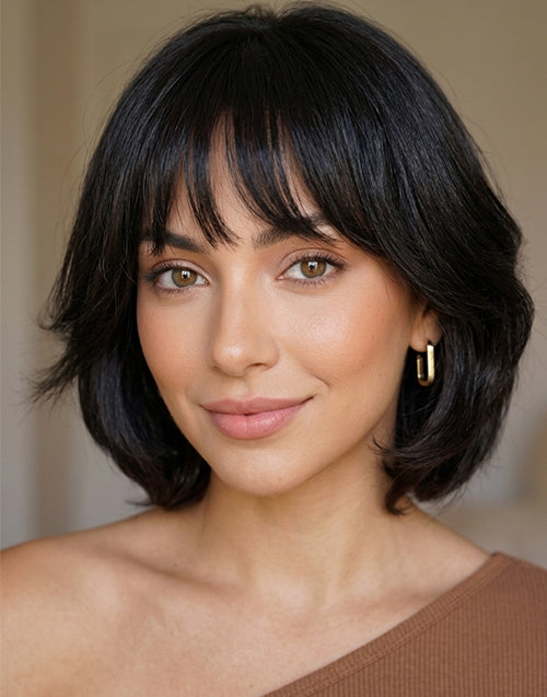 Yaimy- Minimalist Lace Layered Wolf Cut Short Wavy Bob Wig With Bangs Human Hair Glueless Wig